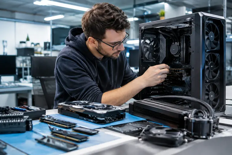Liquid CPU cooler, memory sticks, and storage drive laid out before installation