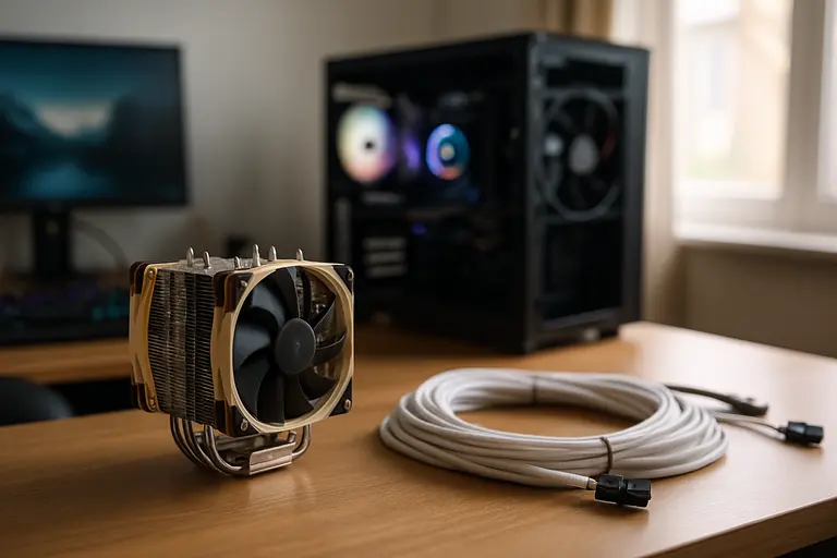 PC case interior showing power supply area, fans, and cable routing