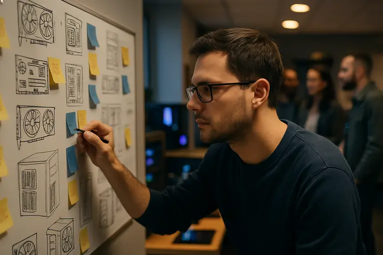 PC parts laid out around a notepad with a build plan