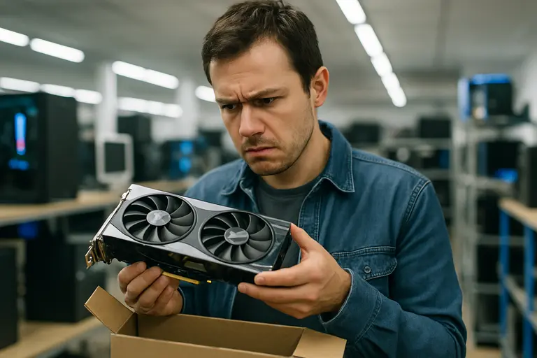 Used graphics card on an anti-static mat with a checklist and screwdriver